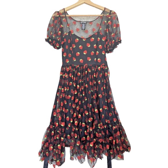 Hot Topic Dresses & Skirts - Hot Topic Strawberry Dress XS Black Red Glitter Coquette Pinup Novelty Retro